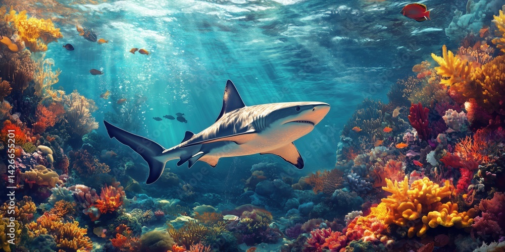 Fototapeta premium Underwater scene featuring a majestic shark swimming among vibrant coral reefs