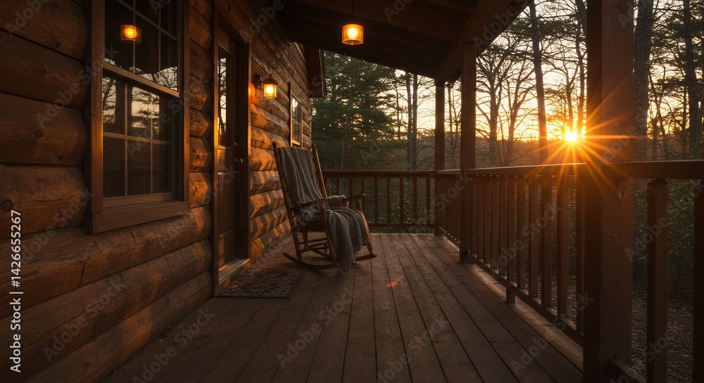 Naklejka premium Cabin Porch Sunset Scene
