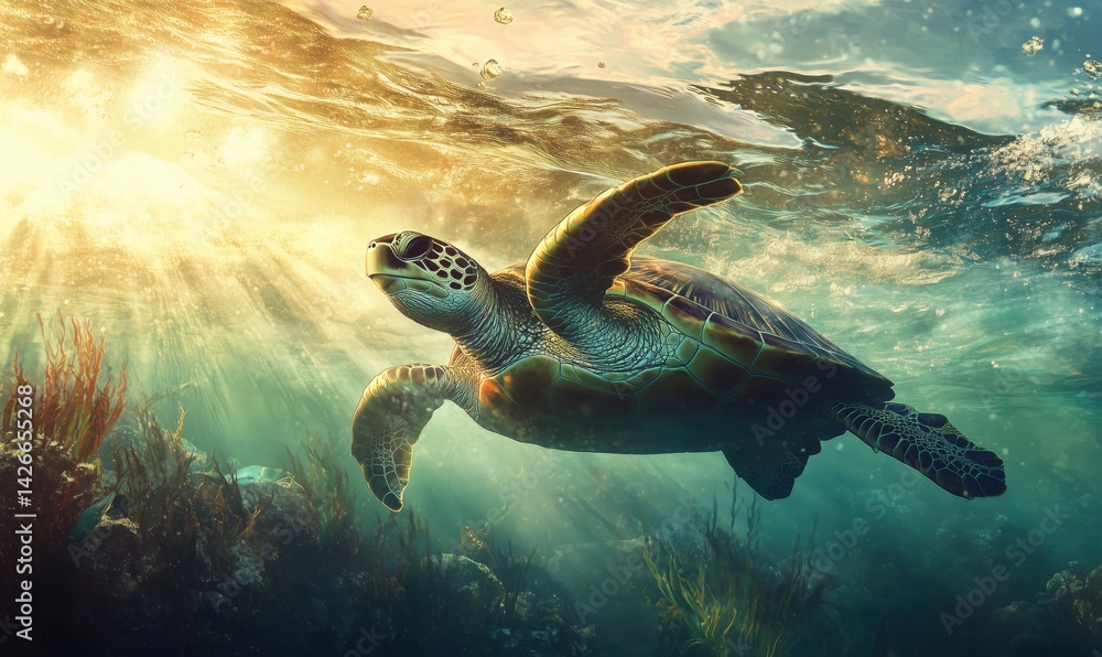 Obraz premium Majestic sea turtle swimming gracefully in sunlit ocean waters
