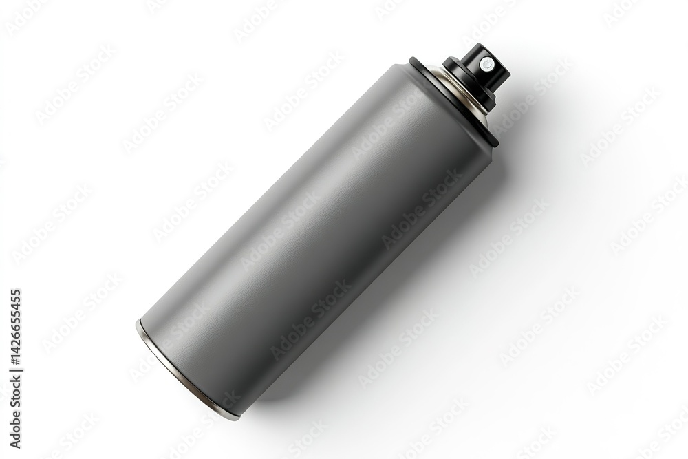 Modern gray spray can lying on its side with a simple design on a clean white background Modern gray spray can lying on its side with a simple design on a clean white background