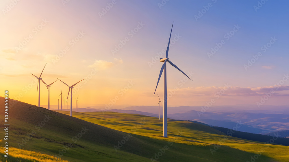 Obraz premium Vast Wind Farm Under Glowing Sunset, Sustainable Rural Energy Production Landscape