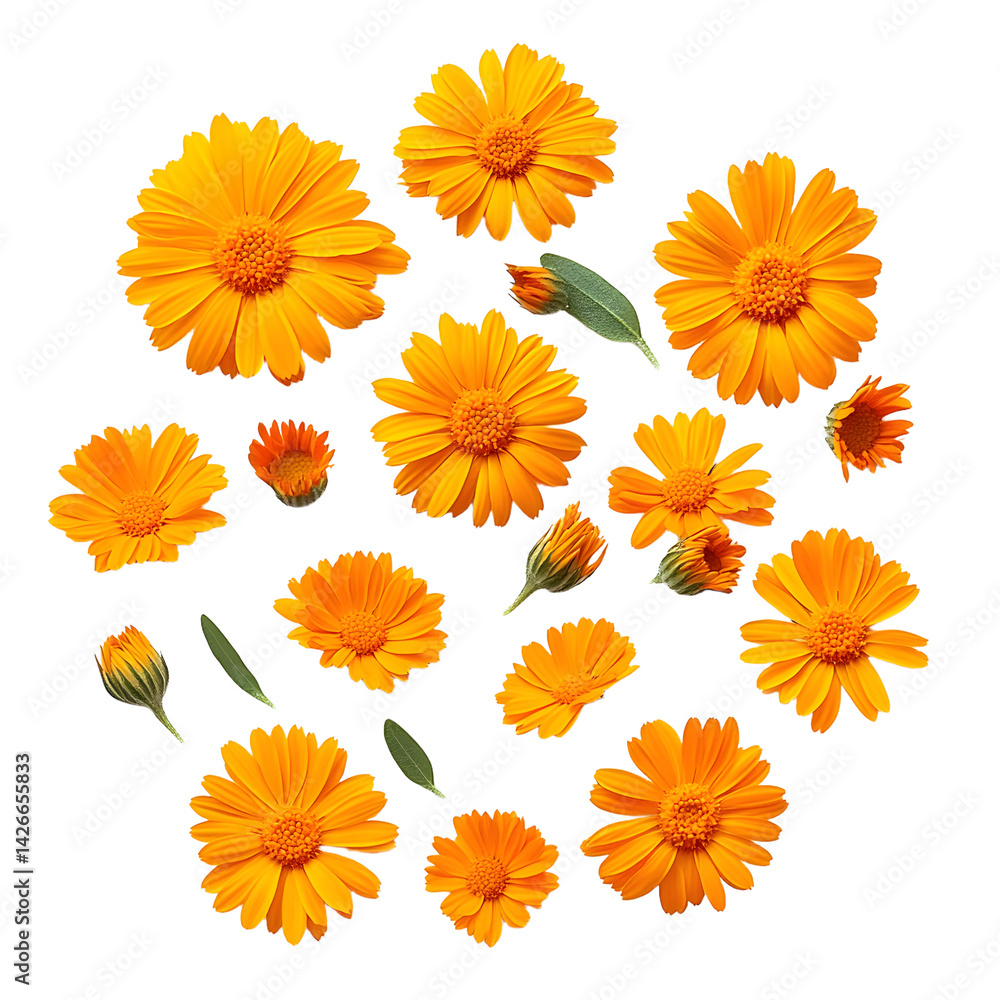 Calendula Flowers Top View Isolated on White Background (Orange, Flat Lay, PNG)