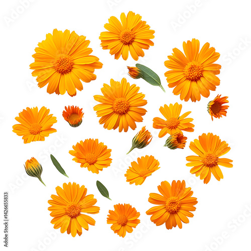 Obraz na płótnie Calendula Flowers Top View Isolated on White Background (Orange, Flat Lay, PNG) w salonie