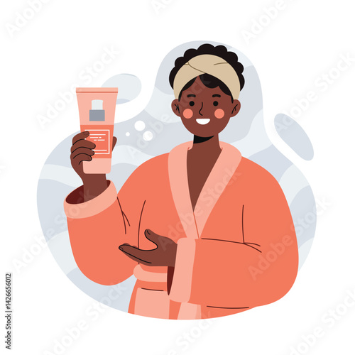 Woman in bathrobe holding skincare cream tube promoting beauty self-care routine with headband on face vector illustration 