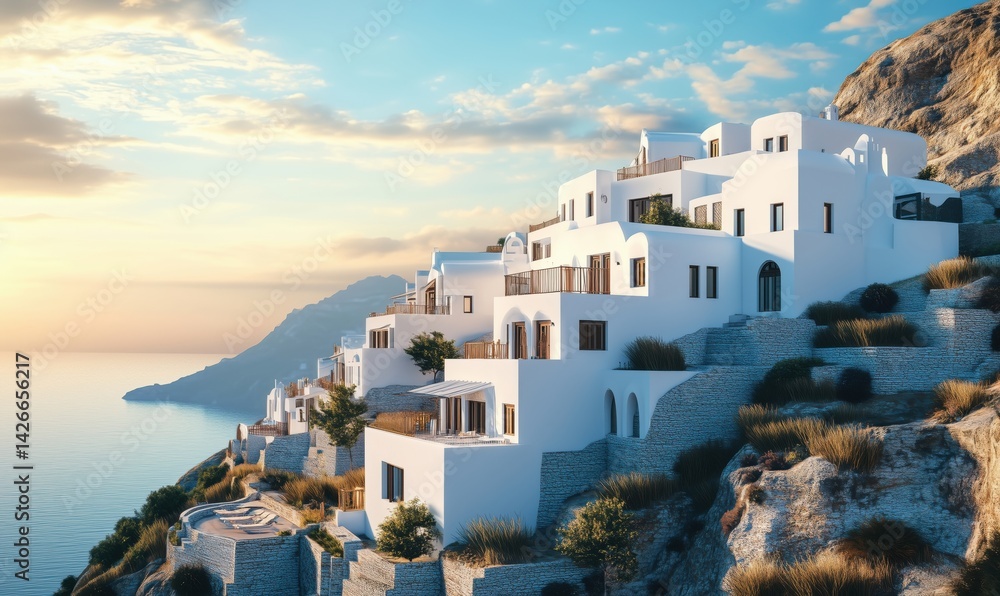 Fototapeta premium Stunning Santorini hillside villas overlooking the Aegean Sea at sunset
