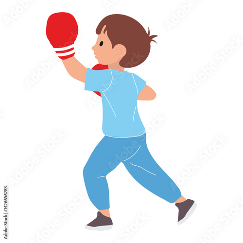 Son training in boxing gloves, boy in sportswear doing boxing. Concept of active lifestyle, sport, young man, sports. Vector flat illustration isolated on white background.