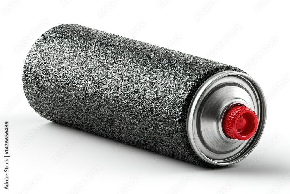 Texture spray can with a metallic finish and red nozzle placed against a white background revealing its design and usage Texture spray can with a metallic finish and red nozzle placed against a white background revealing its design and usage