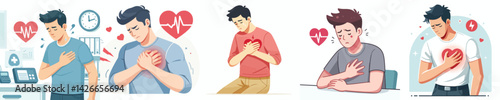 collection of flat design vectors of a young man with chest pain
