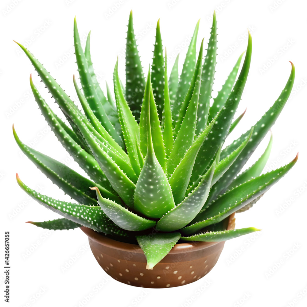 Fototapeta premium Aloe vera succulent plant in ceramic pot, vibrant green medicinal aloe vera leaves, decorative indoor houseplant isolated on white background PNG