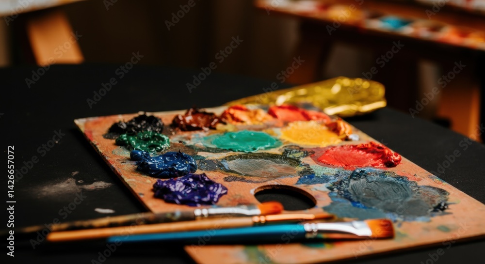 Vibrant artist's palette with brushes and colorful paint blots on canvas Vibrant artist's palette with brushes and colorful paint blots on canvas