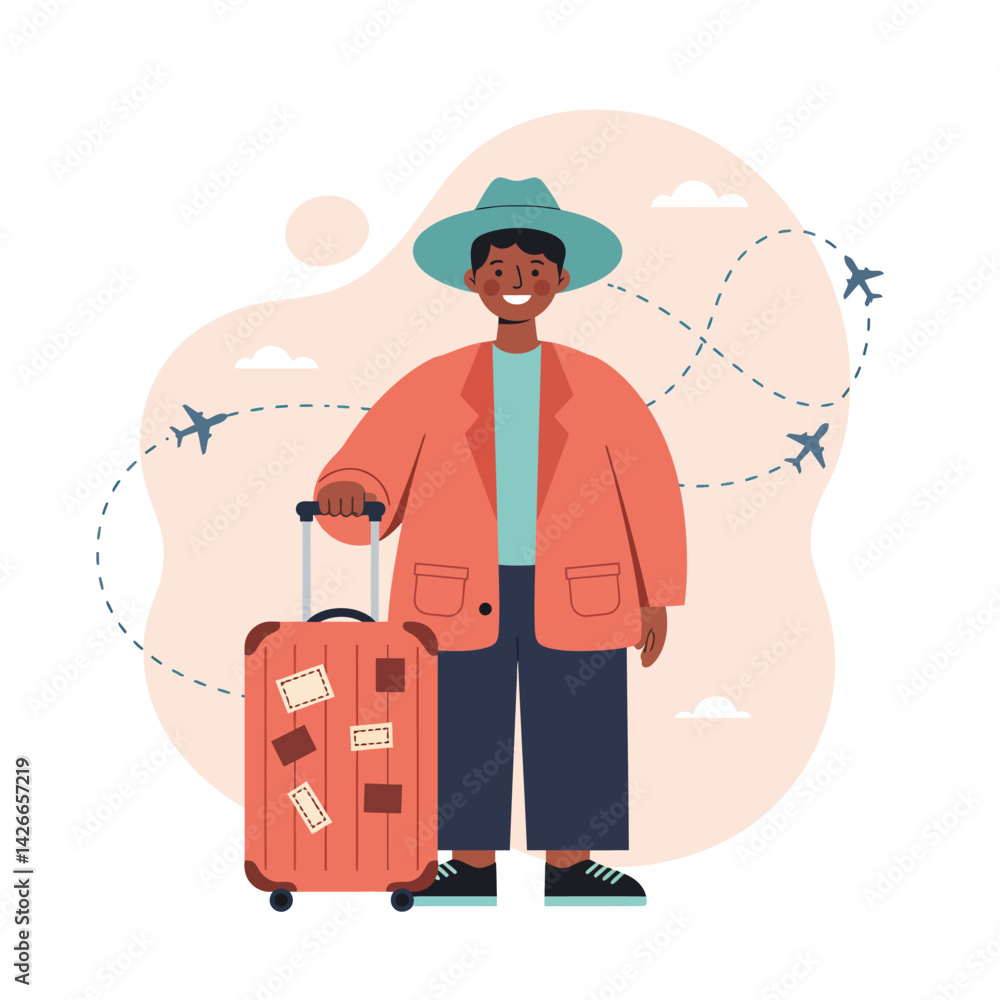 Traveler with suitcase and hat preparing for trip with airplanes flying in background vector illustration Traveler with suitcase and hat preparing for trip with airplanes flying in background vector illustration