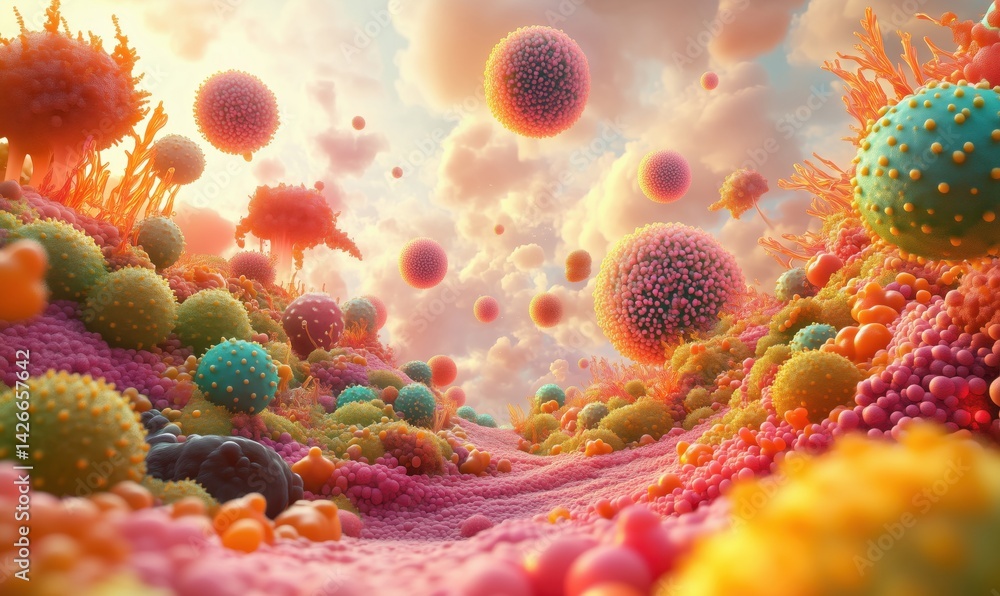 Naklejka premium Colorful abstract landscape of microorganisms and cells in a surreal environment