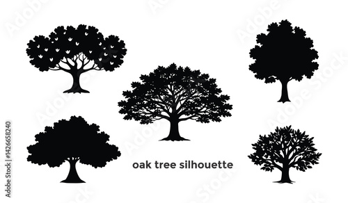set of oak trees, oak tree with leaves silhouette vector.