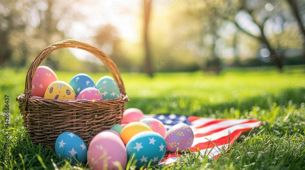An Easter picnic with an American flag blanket on a sunny day in a park.