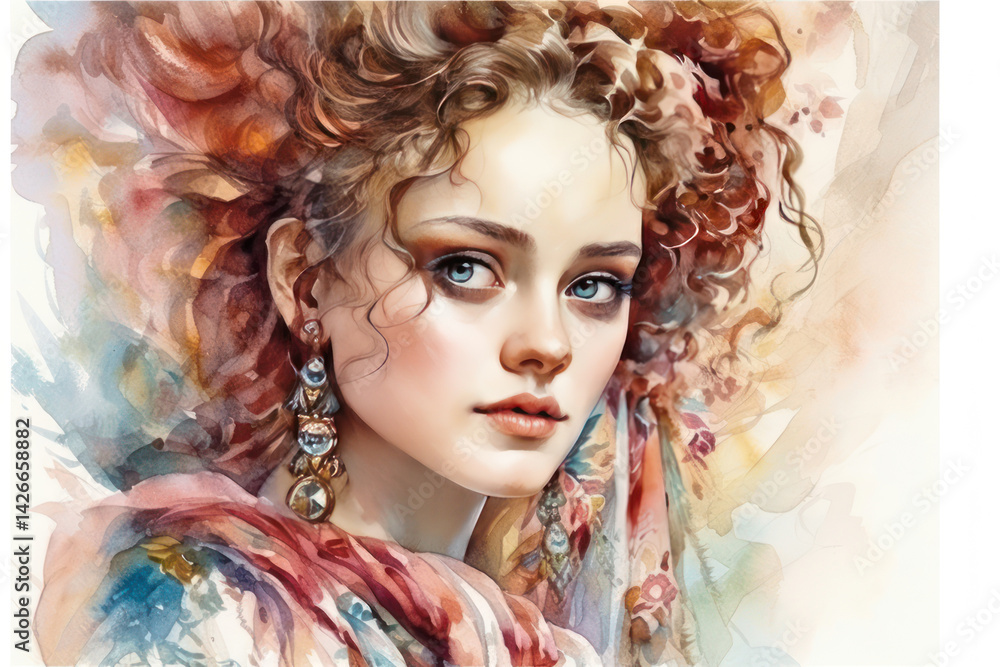 A watercolor portrait of a young woman with bright blue eyes and lush curls, executed in a soft, painterly manner.