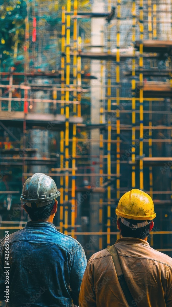 Fototapeta premium Three construction workers wearing yellow and gray helmets at daylight site