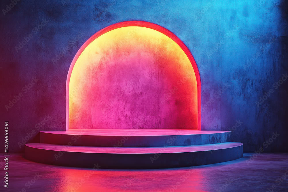 A modern 3D illustration with a futuristic podium against the backdrop of a brightly lit arch.