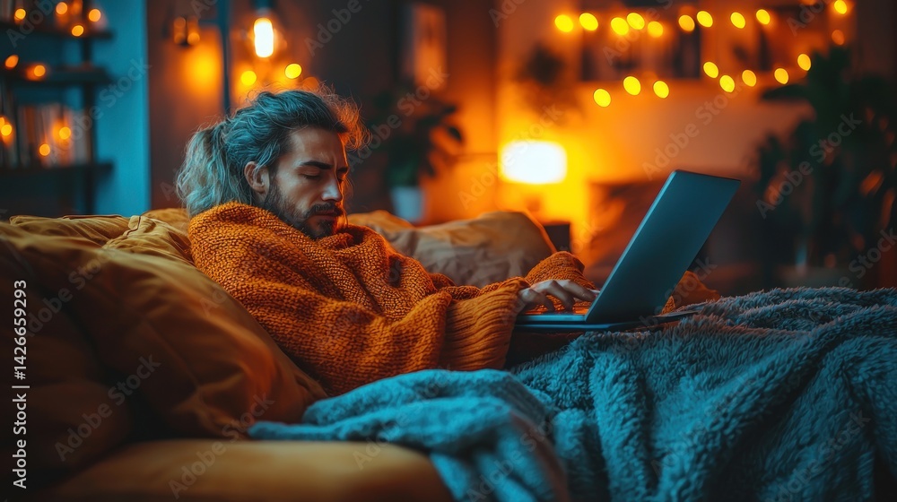 Man Relaxing at Home Working on Laptop Under Warm Blanket