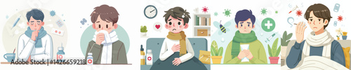 collection of flat design vectors of a young man who is sick with the flu
