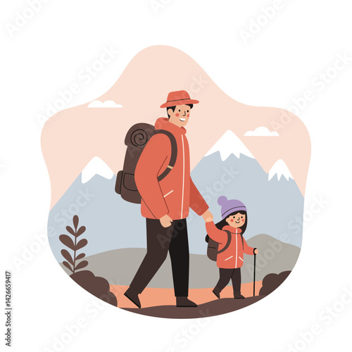 Hiking father and child walking together in mountain landscape with backpacks and warm clothes