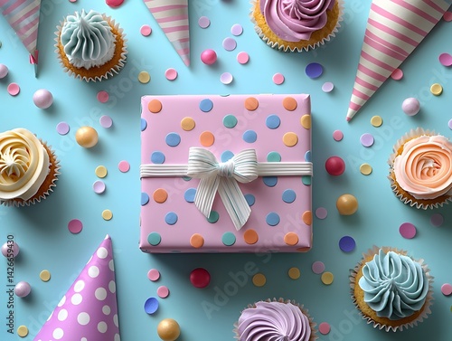 Vibrant party setting with a gift box and cupcakes