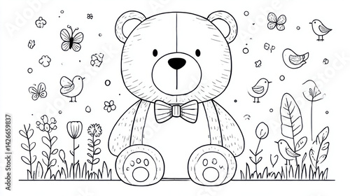Cute Cartoon Teddy Bear Coloring Page with Flowers, Butterflies and Nature Elements for Kids