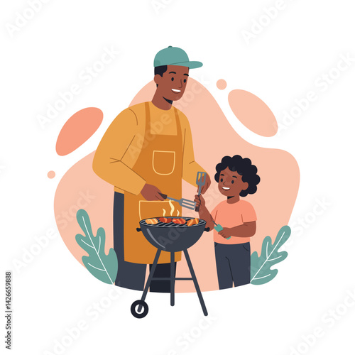 Father and son grilling together at outdoor barbecue cooking delicious food on charcoal grill in casual lifestyle scene 