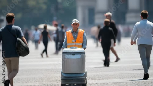Wallpaper Mural Street cleaner in high-visibility vest pushing bin cart through busy pedestrian square, urban maintenance and public service in motion Torontodigital.ca