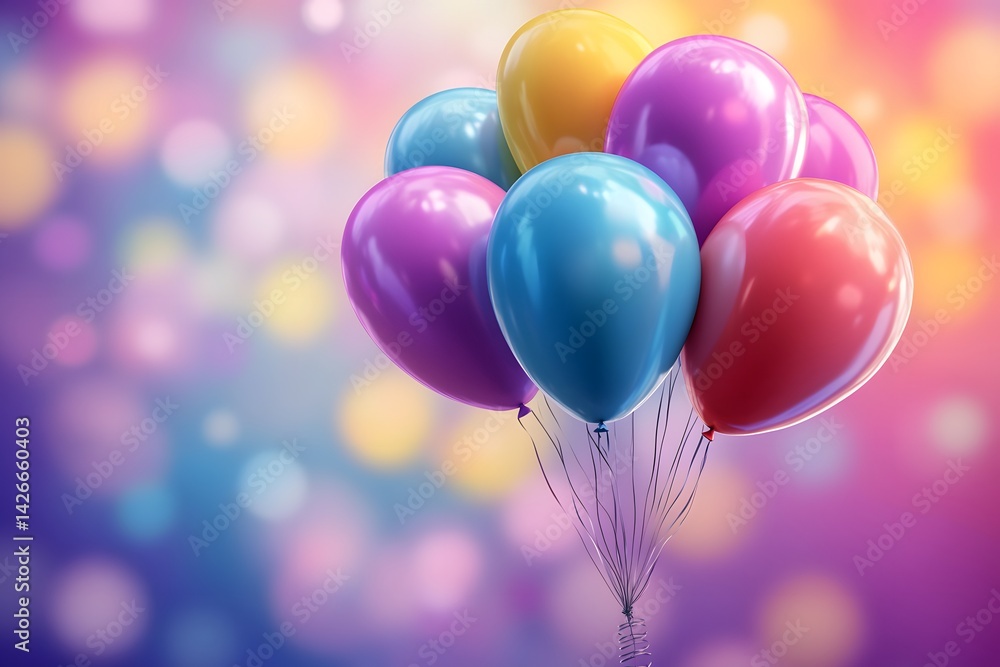 Colorful Balloons with Glitter on Pastel Bokeh Background, Fun Party Decoration Colorful Balloons with Glitter on Pastel Bokeh Background, Fun Party Decoration