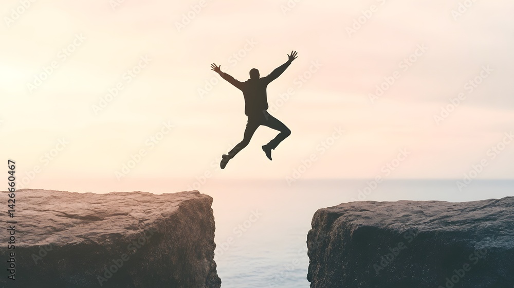 Silhouetted Man Jumping Between Cliffs, Symbolizing Risk-Taking and Achievement