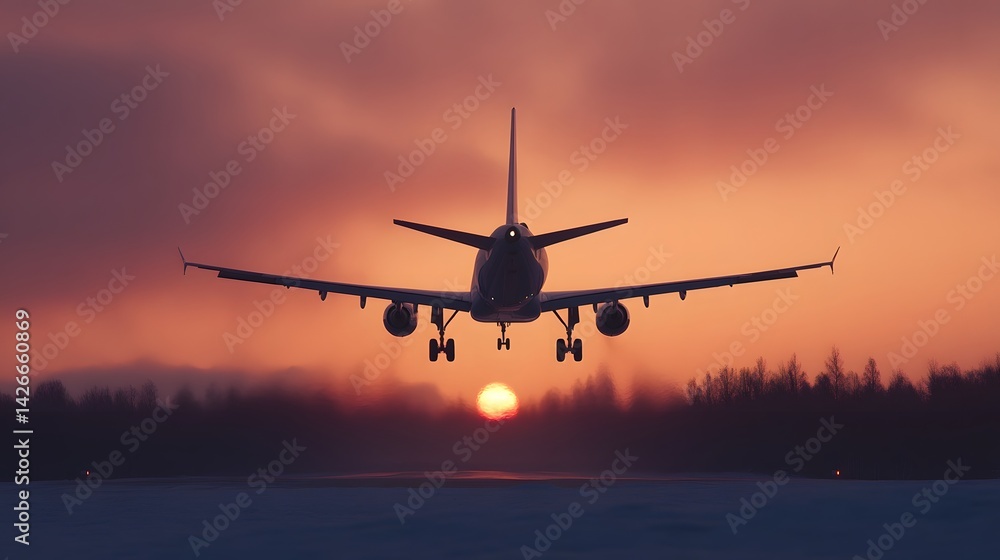 Silhouetted Jet Airplane Launching Into Vibrant Sky at Sunrise or Sunset Silhouetted Jet Airplane Launching Into Vibrant Sky at Sunrise or Sunset