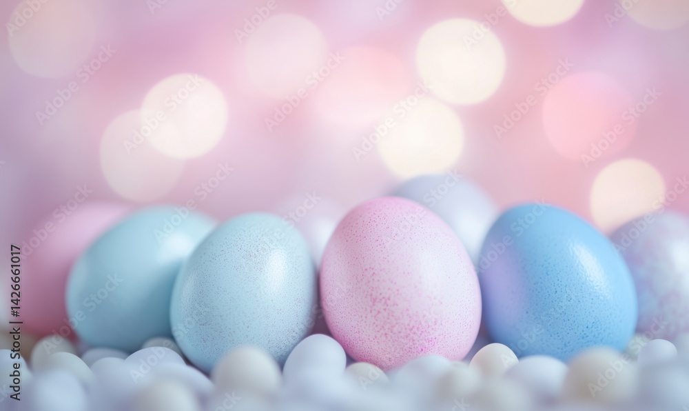 Colorful Easter eggs on soft pastel background with bokeh effect Colorful Easter eggs on soft pastel background with bokeh effect