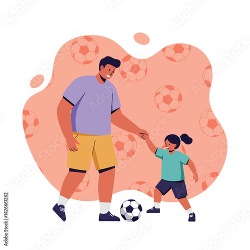 Father and daughter playing soccer together in a playful outdoor setting with soccer ball and patterned background 