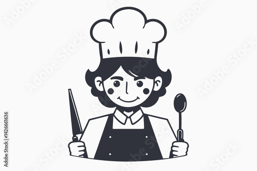 Cheerful Chef with Knife and Spoon Happy Cook in Uniform on White Isolated Background