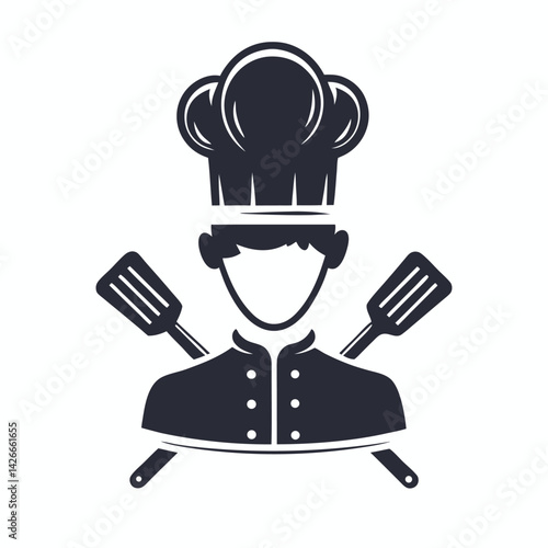 Minimalist Chef Silhouette with Crossed Spatulas, Culinary Design, Black and White