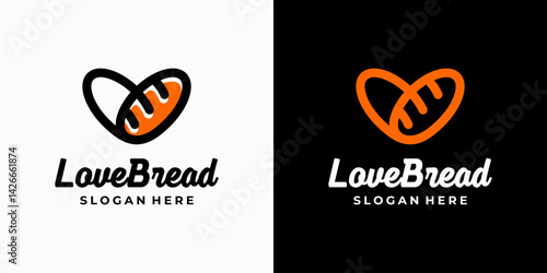 Bread vector logo design in heart shape with modern, simple, clean and abstract style. Icon for business, food & drink, kitchen and personal branding.