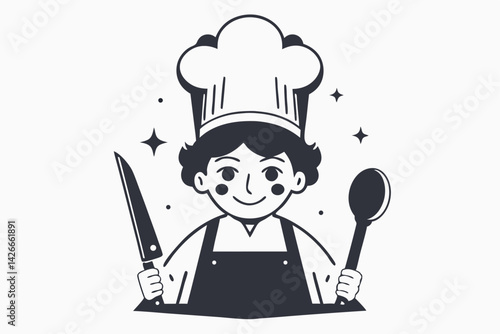 Cheerful Chef Portrait Smiling Man in Apron Holds Knife and Spoon in Black and White