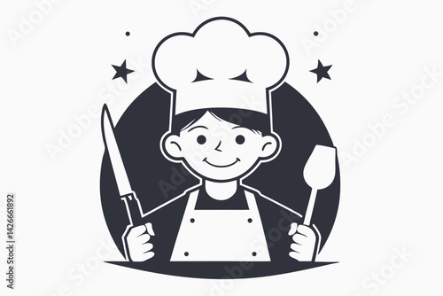 Cartoon Chef Icon Smiling Asian Child Holding Knife and Spoon, Star Accents, Logo