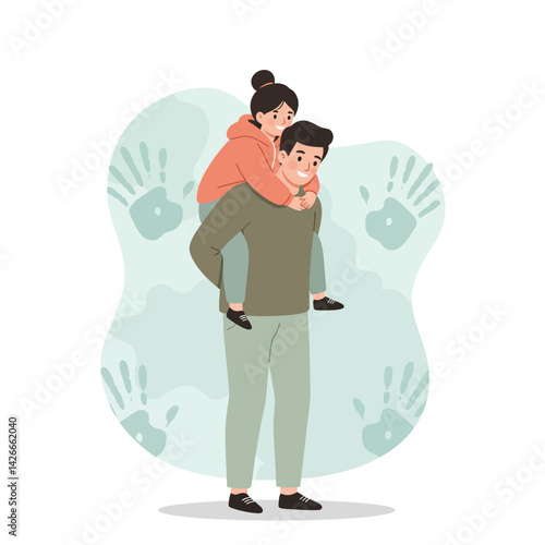 Father carrying daughter on back in playful family moment vector illustration 