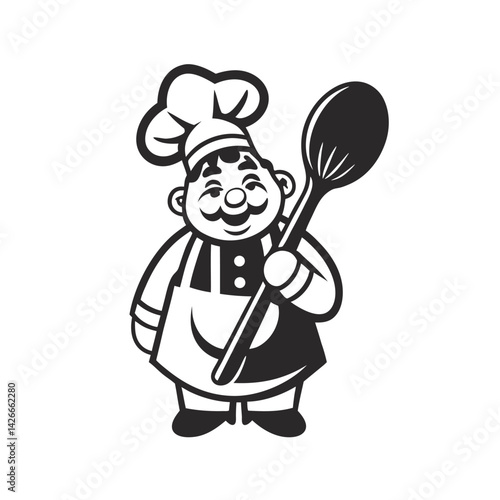 Chef Joyful Cook with Knife and Spoon, Wearing Chef Hat and Apron Design