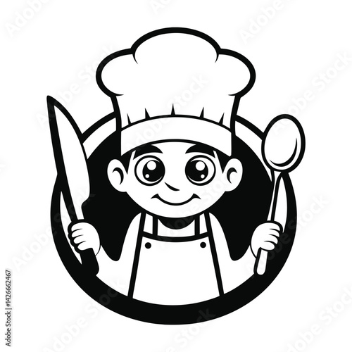 Chef Joyful Cook with Knife and Spoon, Wearing Chef Hat and Apron Design