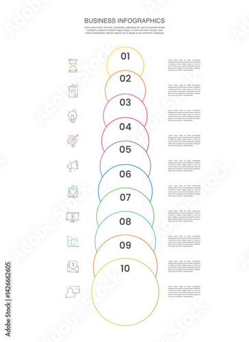 Vector timeline infographics template with ten circles and options. Blank space for web, infographic, diagram, business, digital network, flowchart, presentations