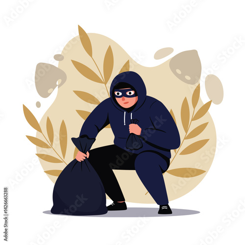 Burglar in black hoodie and mask stealing bags with leaves in background vector illustration 