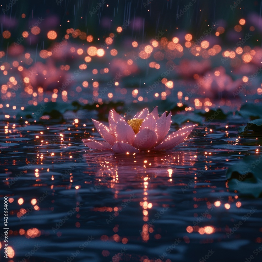 Glowing Lotus Flower Floating on Water with Light Streaks at Night