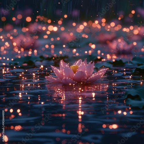 Obraz na płótnie Glowing Lotus Flower Floating on Water with Light Streaks at Night w salonie