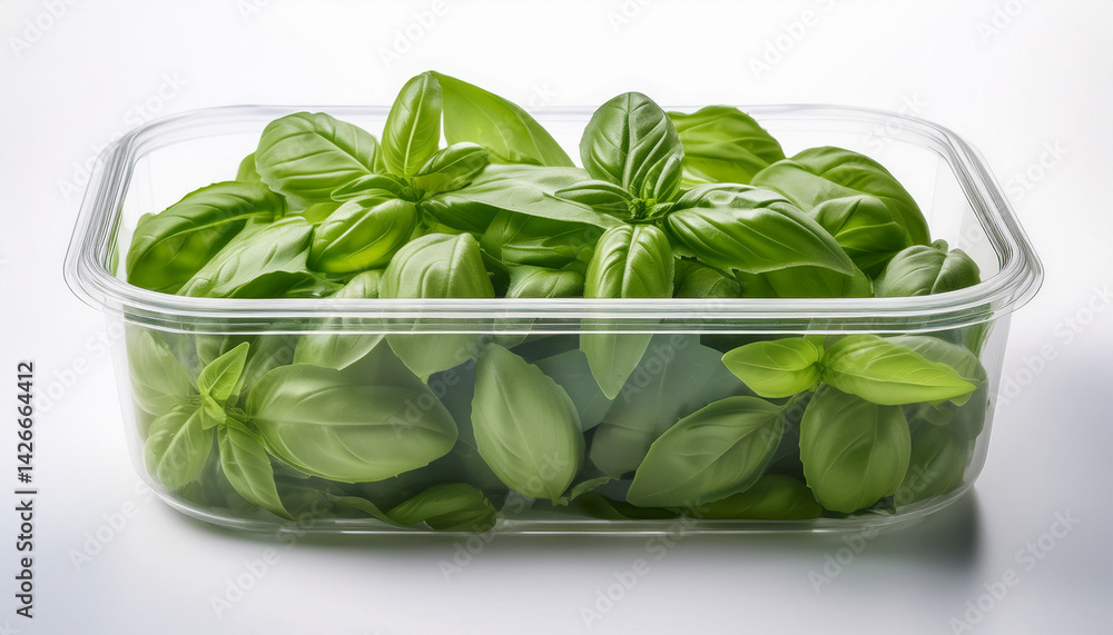 fresh green basil leaves in a transparent plastic container on a white background fresh green basil leaves in a transparent plastic container on a white background
