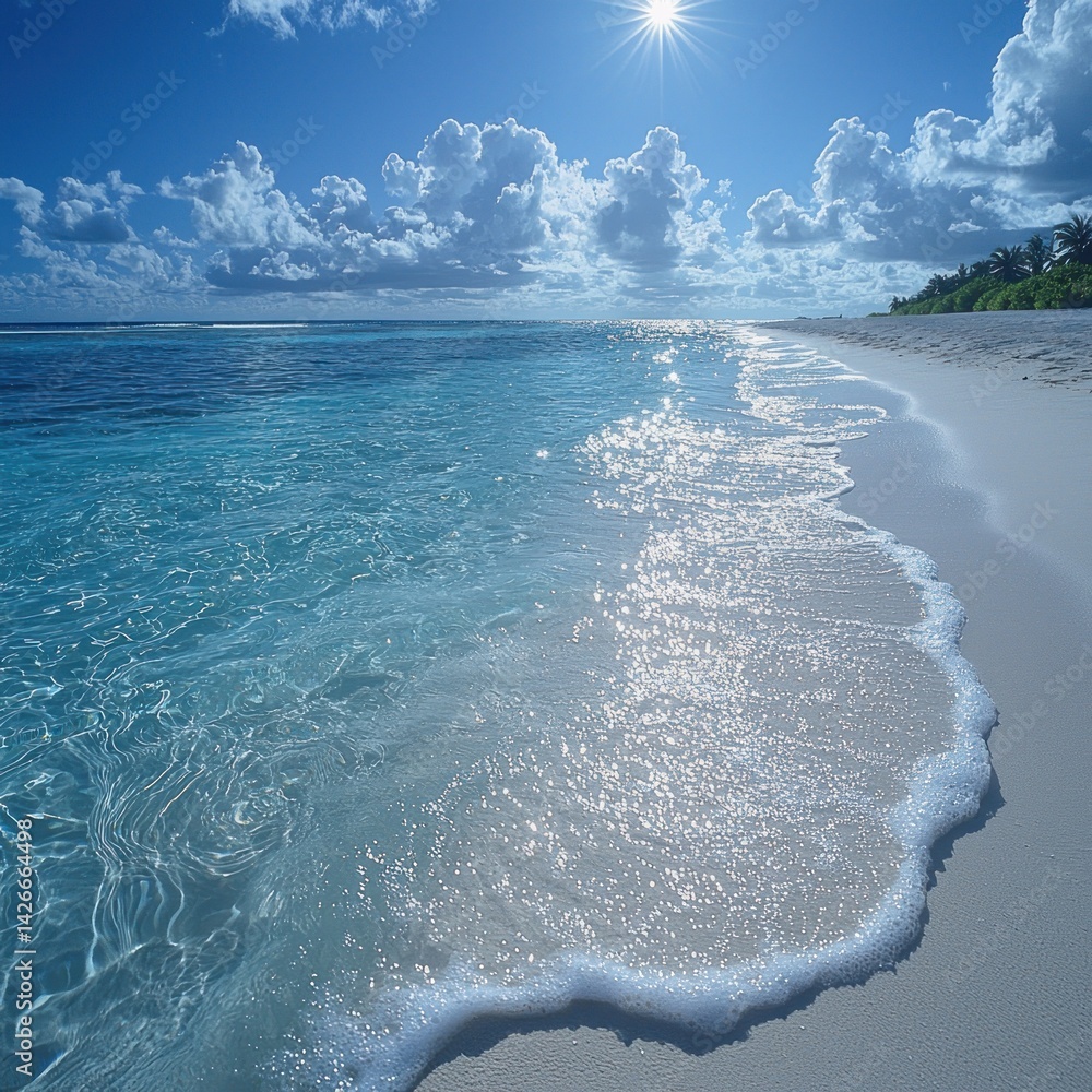 Turquoise Ocean Waves Gently Washing Up on White Sand Beach