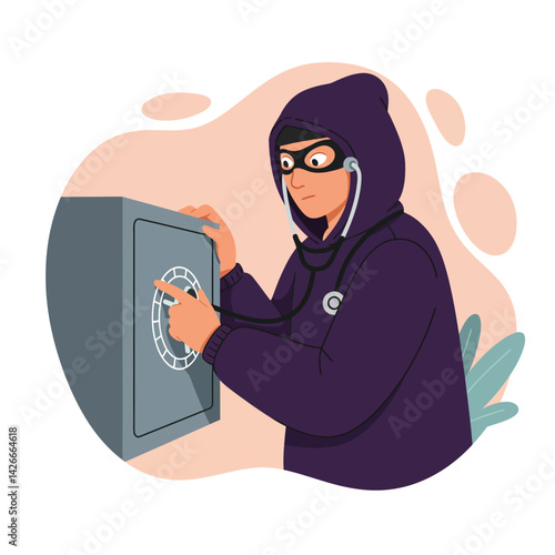 Hacker in hoodie accessing safe with combination lock vector illustration in modern style 