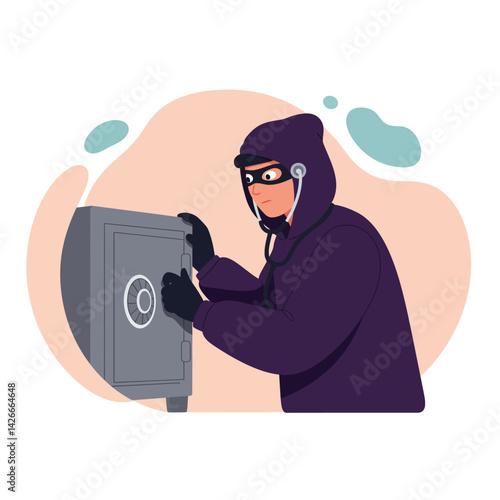 Burglar in dark purple hoodie attempting to break into safe with stethoscope vector illustration 