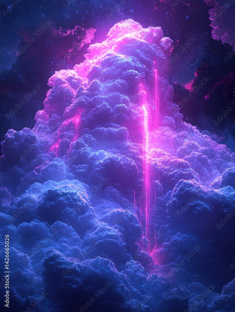 Dreamlike Clouds with Glowing Light Beams and Starry Sky Background